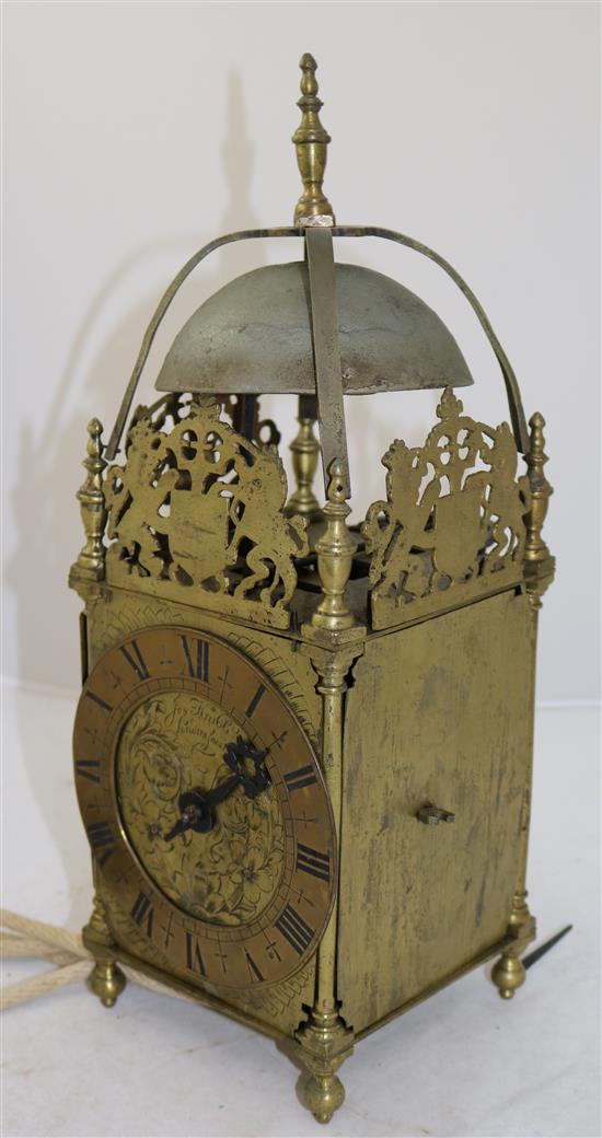 A 17th century style brass lantern clock, 15.5in.